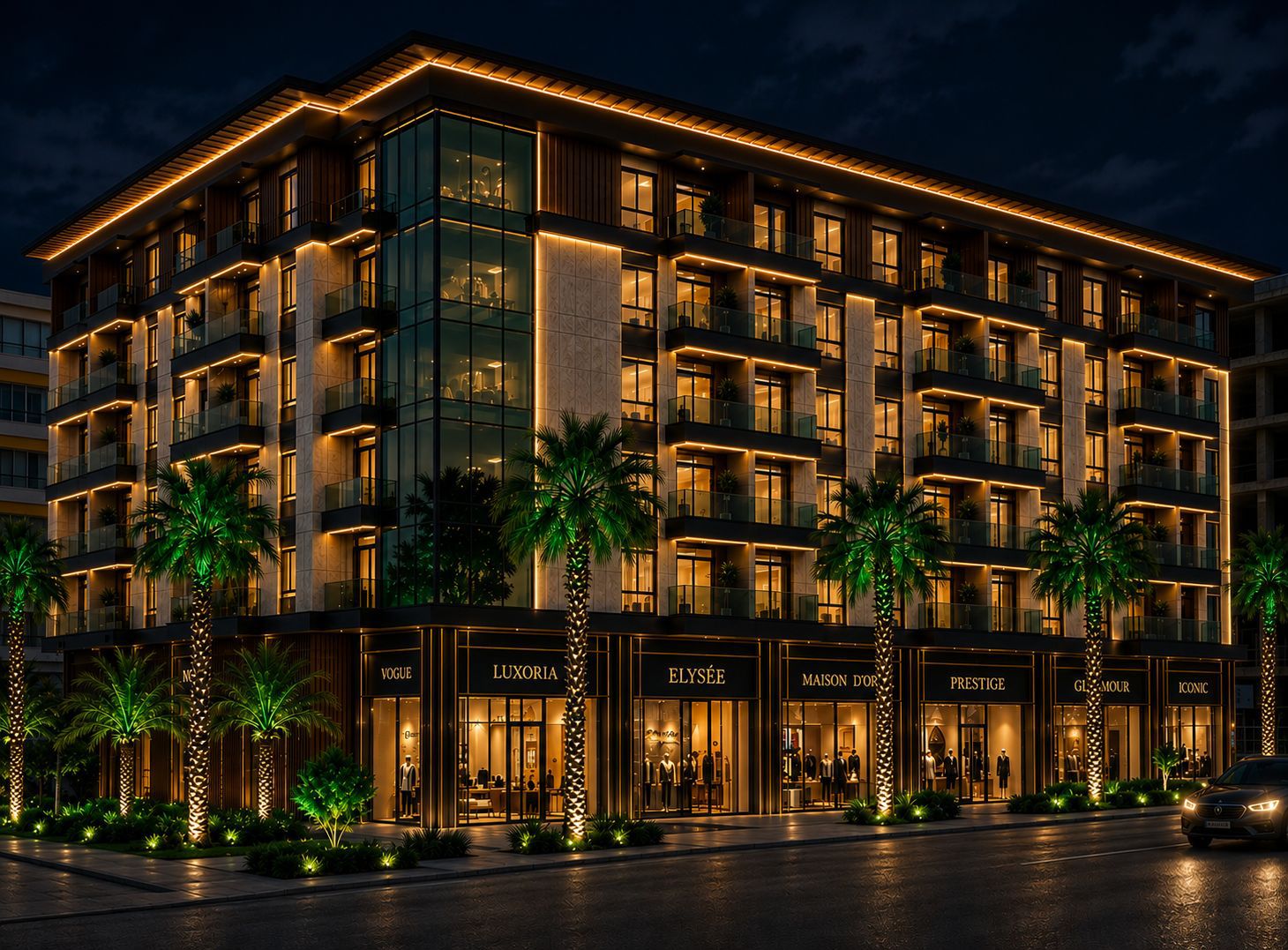 Corner Cadde Residence — street view, night